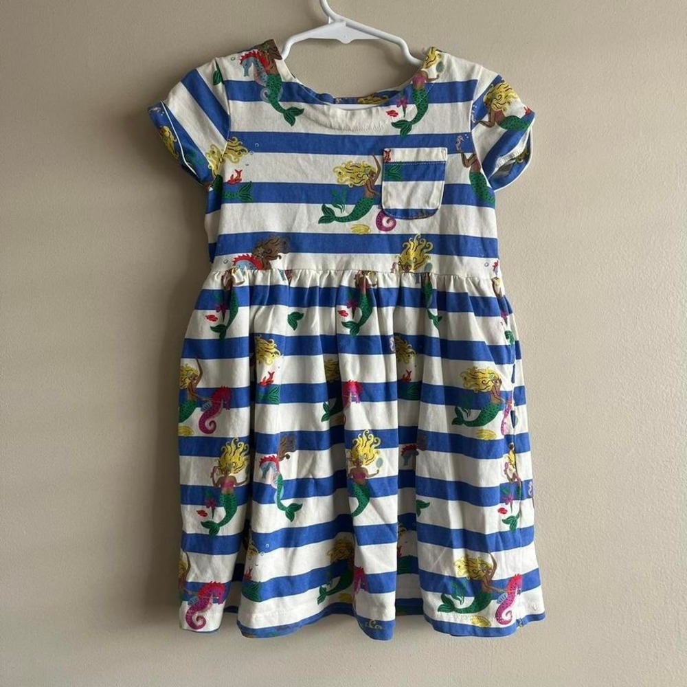 Mini Boden Mermaid Striped Cotton Dress 4-5Y Blue White Pockets Girls
